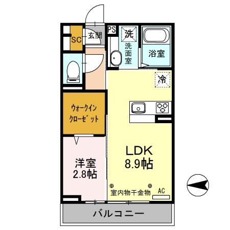 グランノール渚 W棟(1LDK/2階)の間取り写真