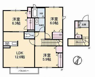 ウィステリア学南 B棟(3LDK/2階)の間取り写真