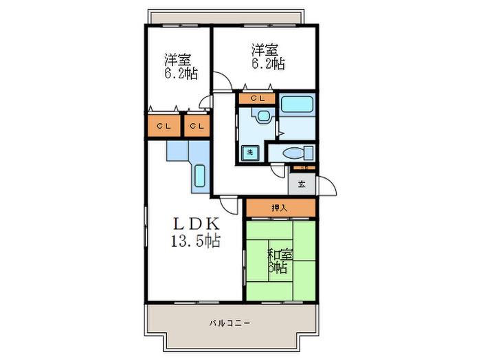 ツイン双ヶ丘(3LDK/3階)の間取り写真