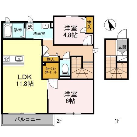 HEARTS ENT E棟(2LDK/2階)の間取り写真