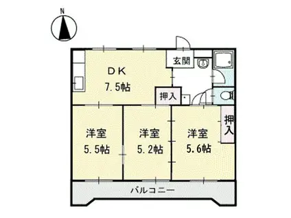 ハピネス北野(3DK/3階)の間取り写真