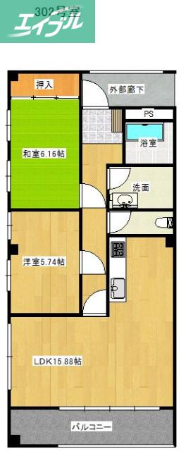 ウイビル(2LDK/3階)の間取り写真