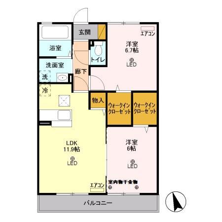 リヴァージュ壱番館 広瀬(2LDK/1階)の間取り写真