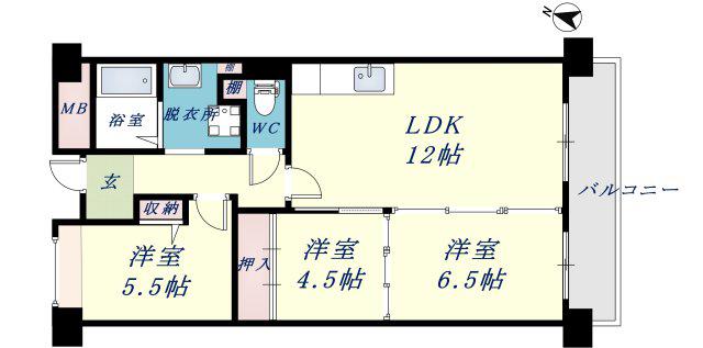 アンドユーイワキ東大阪(3LDK/6階)の間取り写真