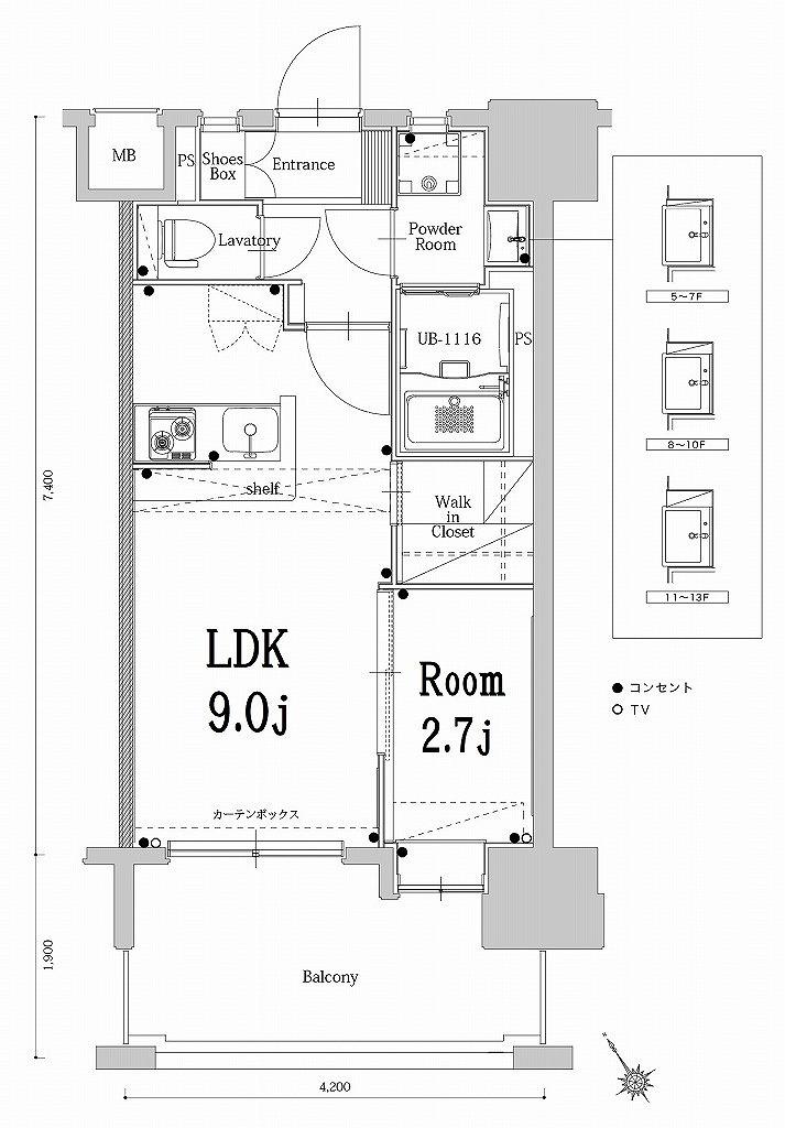 エンクレスト空港通(1LDK/13階)の間取り写真