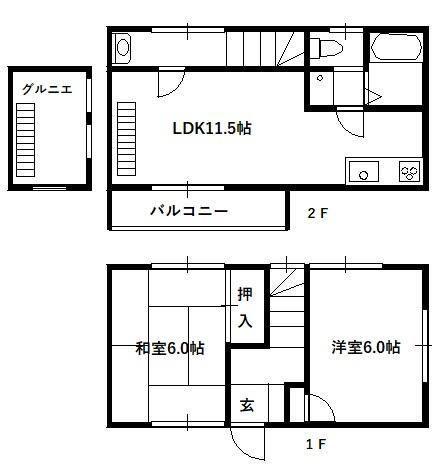 テラスハウス若葉B棟(2LDK/1階)の間取り写真