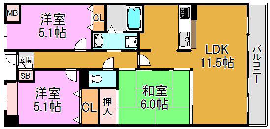 プランテーム吉田(3LDK/6階)の間取り写真