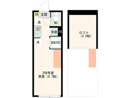 ハーモニーテラス多摩川二丁目(ワンルーム/2階)の間取り写真