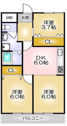 ヒルズ兵庫(3DK/3階)の間取り写真