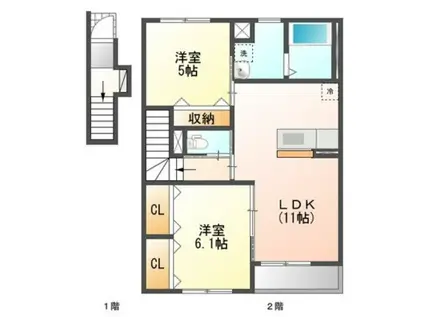 オークヒルズ(2LDK/2階)の間取り写真