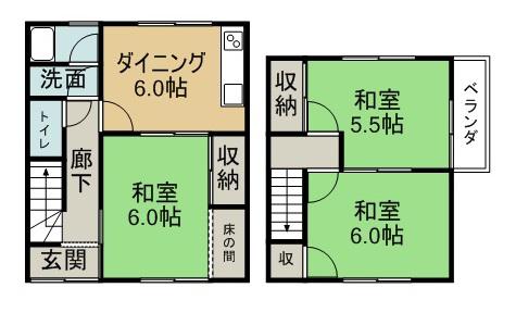 JR山陽本線 東福山駅 徒歩59分 2階建 築42年(3DK/1階)の間取り写真