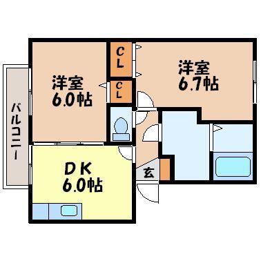 ウィルモアアサイ(2DK/1階)の間取り写真