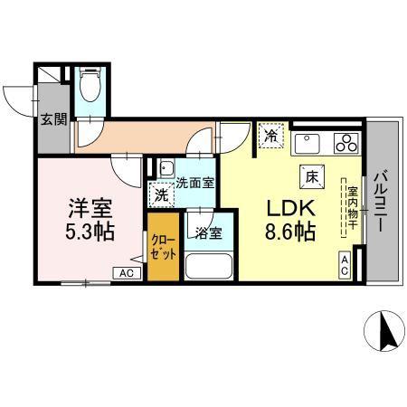 D-ROOM GRASS 中町(1LDK/1階)の間取り写真