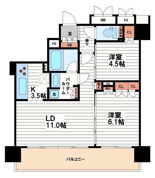 ブランズタワー御堂筋本町(2LDK/24階)の間取り写真