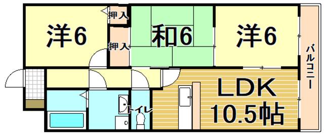 JR福知山線 中山寺駅 徒歩38分 5階建 築31年(3LDK/4階)の間取り写真