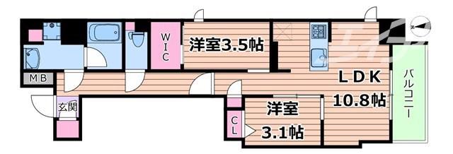 アーバネックス堺筋本町(2LDK/14階)の間取り写真
