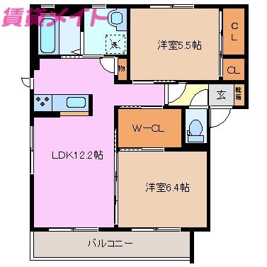 アシタバ B棟(2LDK/1階)の間取り写真