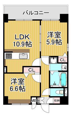ふぁみゆ弁天町(2LDK/13階)の間取り写真