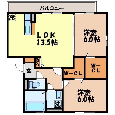 ソシアビューテラスB棟(2LDK/2階)の間取り写真