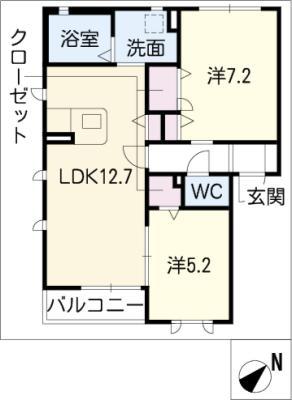 ファミーユ森岡B棟(2LDK/1階)の間取り写真