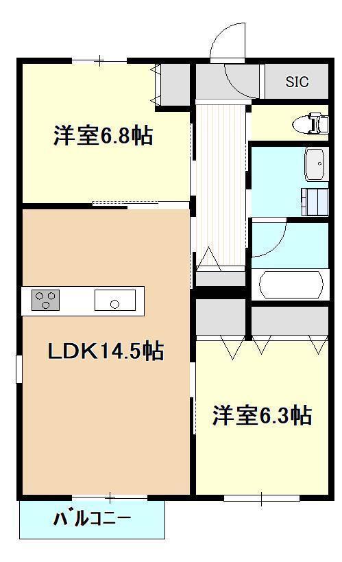 ラ・カシェット南笹口(2LDK/2階)の間取り写真