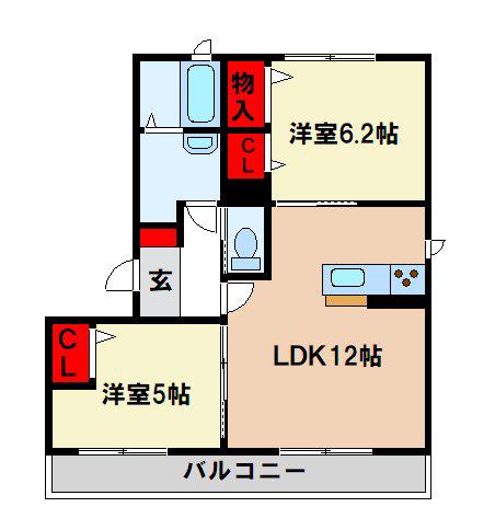 ベレオ大野城A(2LDK/3階)の間取り写真