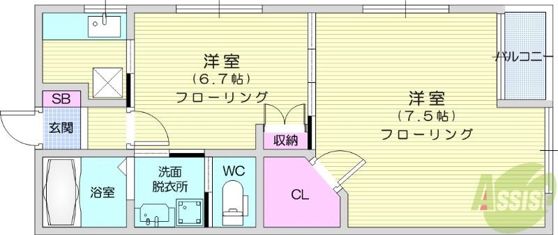 エスベランサ鈎取(2K/2階)の間取り写真