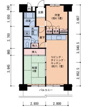近鉄奈良線 河内花園駅 徒歩23分 11階建 築44年(2LDK/8階)の間取り写真