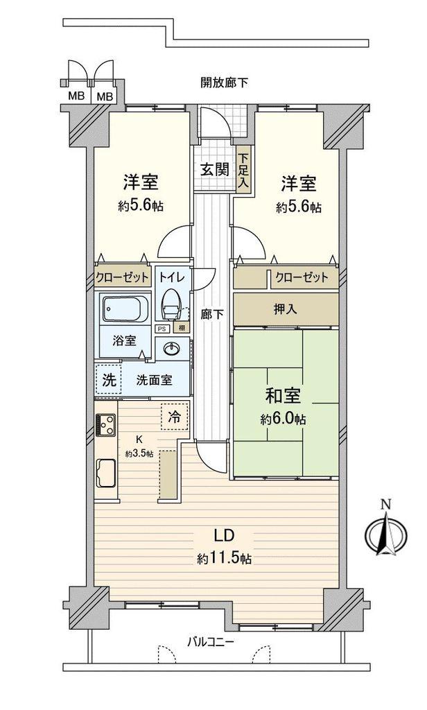 サーパス東島田(3LDK/3階)の間取り写真
