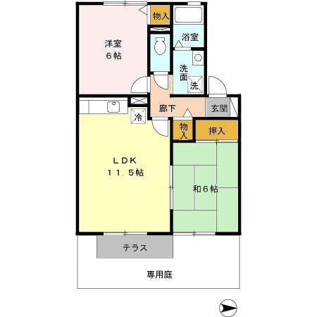 アルカディアA棟(2LDK/1階)の間取り写真