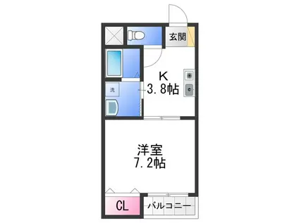 JR阪和線 和泉府中駅 徒歩8分 4階建 築21年(1K/3階)の間取り写真
