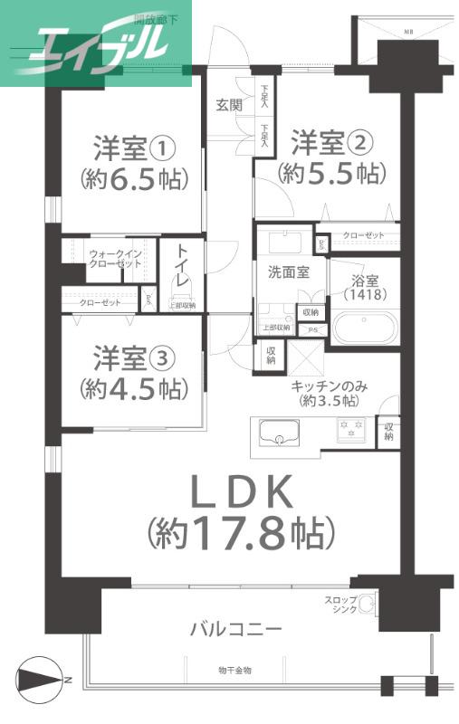 ポレスター岡山運動公園(3LDK/12階)の間取り写真