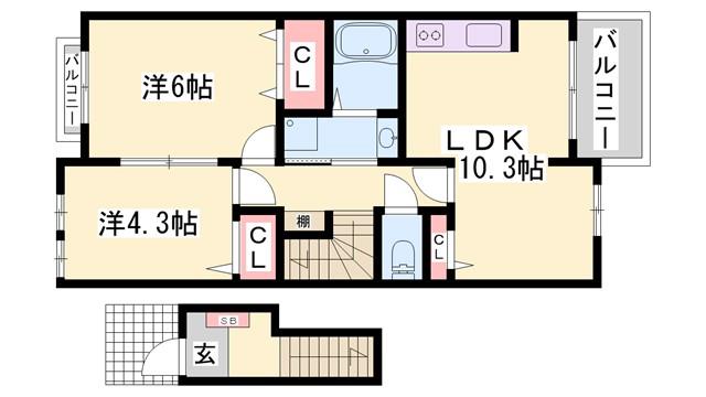 アンソレイユII(2LDK/2階)の間取り写真