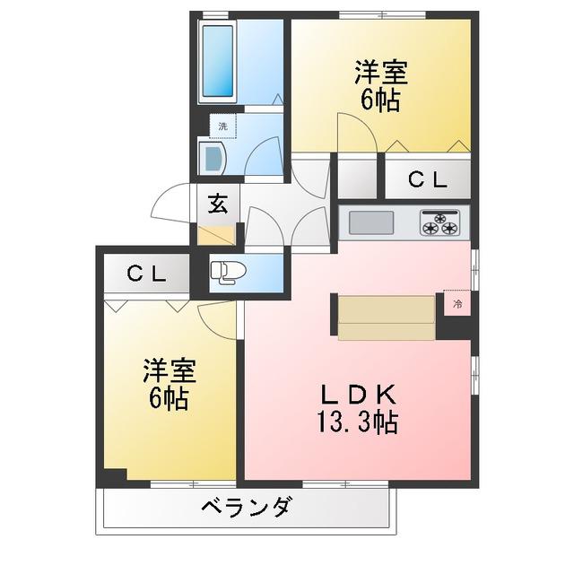 ペイサージュD(2LDK/3階)の間取り写真