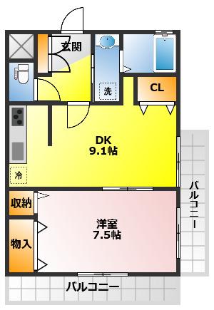 パルティールふじみ野(1LDK/2階)の間取り写真