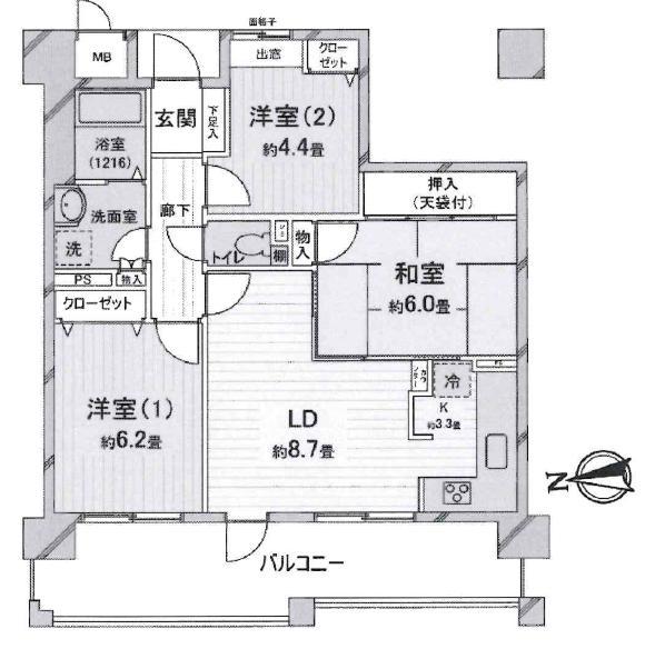 パセオ甲東園(3LDK/9階)の間取り写真
