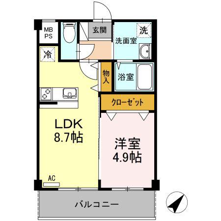 ゆうこく東仙台(1LDK/2階)の間取り写真