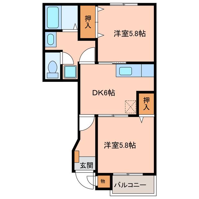 名鉄小牧線 小牧原駅 徒歩10分 2階建 築23年(2DK/1階)の間取り写真