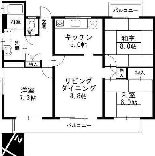 中部東山荘 北棟(3LDK/4階)の間取り写真