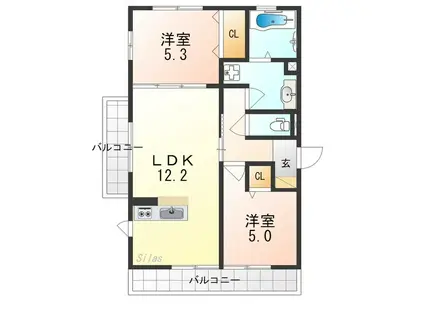 ベル・クローバー嵯峨野(2LDK/3階)の間取り写真