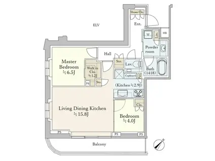 恵比寿 ピアノ可 南東向き (2LDK/5階)の間取り写真