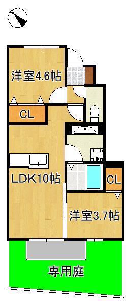サンヒルズ愛坂 A棟(2LDK/1階)の間取り写真
