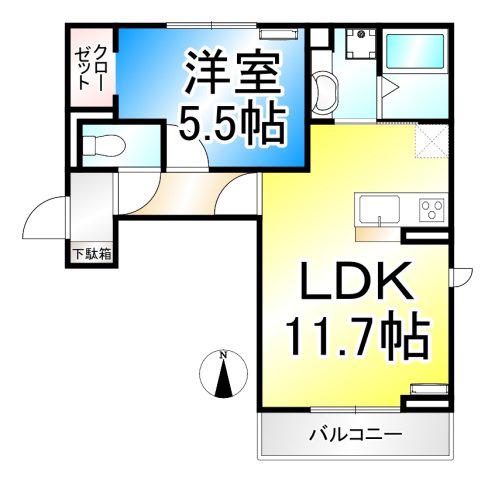 トリシア三輪(1LDK/1階)の間取り写真