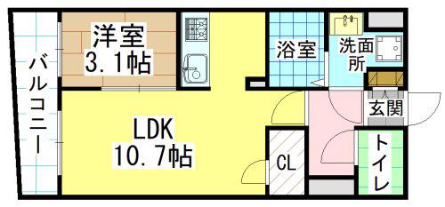 ERDE三萩野(1LDK/7階)の間取り写真