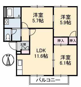 ファミ一ルイワクラA棟(3LDK/1階)の間取り写真