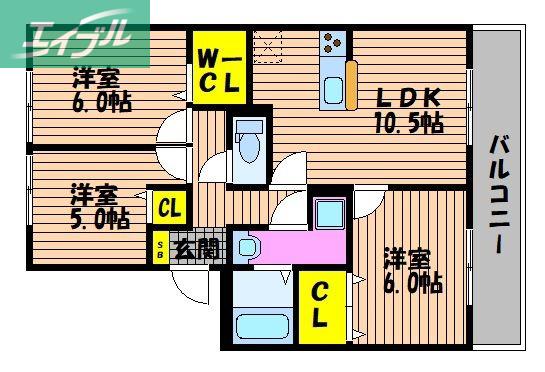 ハイカムールウエストリバーA棟(3LDK/1階)の間取り写真