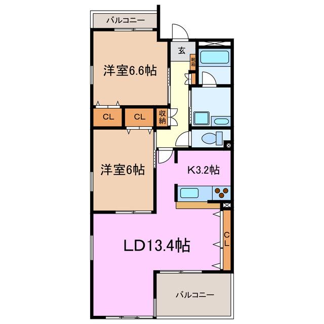 リジェールB棟(2LDK/2階)の間取り写真