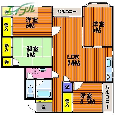 佳月堂マンション(4LDK/3階)の間取り写真