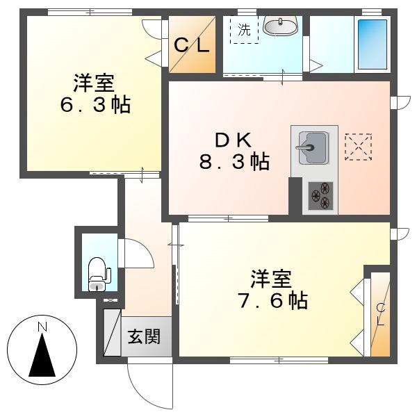 クレールB棟(2DK/1階)の間取り写真