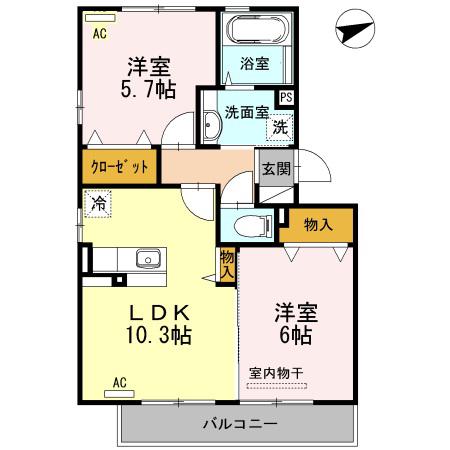 サニーホームズ B棟(2LDK/2階)の間取り写真